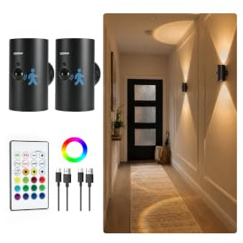 EZVALO Motion Sensor Wall Lights, 4000mAh Rechargeable Battery LED Wall Lights, 3 CCT & 12 RGB with Remote Control, Cordless Lamp for Hallway Stairway Bedroom(2, Black)