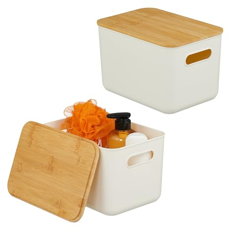 Relaxdays Storage Box Set, Plastic & Bamboo Organizer with Lid, Handles, 16x26x17.5 cm, White