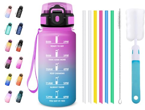JAPORIA Botella Agua Gimnasio 500ml, Botellas con Pajita, Reutilizable, Cantimplora con Marca de Tiempo para Gimnasio, Escuela, Oficina, Cámping