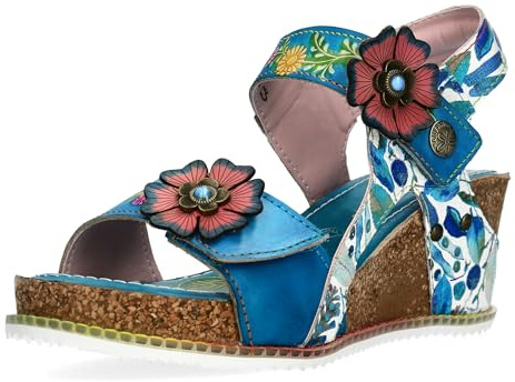 Laura Vita Damen Sandalette Boho mit Blumenmuster und Keilabsatz Bonito 38