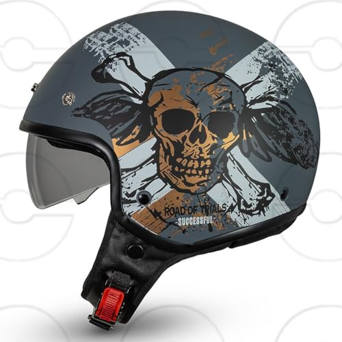 CRUIZER Casco Jet moto Scooter Teschio visiera sole a scomparsa Grigio Opaco (L)