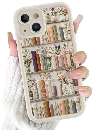 Yoedge Cute Retro Bookshelf Phone Case for iPhone 14 Flower 6.1'', Aesthetic Trendy Floral Pattern Shockproof Soft Slim TPU Full Camera Lens Protective White Cover Funda for Women Girls