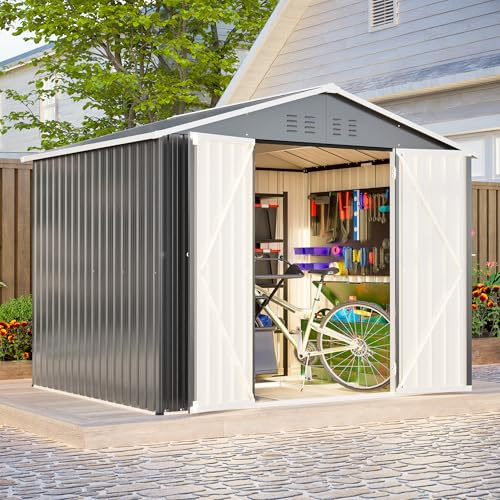 FammyLoft Gartenhaus Metall, 240,4x192,3x191cm, Garten Geräteschuppen Metall, Gerätehaus mit praktischer Klapptür, Gartenschrank Wasserdicht für Outdoor, Inkl Metallfundament, Grau