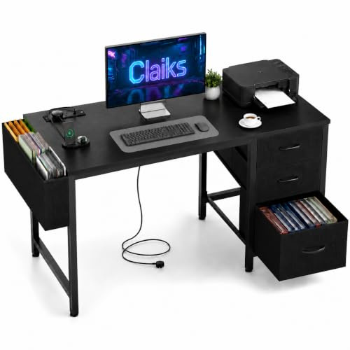 Claiks 120x60cm Computer Desk with Drawers & Charging Station, Office Desk with Storage Bag, Study Desk with USB Ports & AC Outlets for Home Office, Black