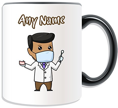 UNIGIFT Personalised Gift - Dentist Male Black Mug (Career Design Theme, Colour Options) - Any Name/Message on Your Unique - Medical Mask Dental Tool White Lab Coat Tooth Practice Asian Occupation