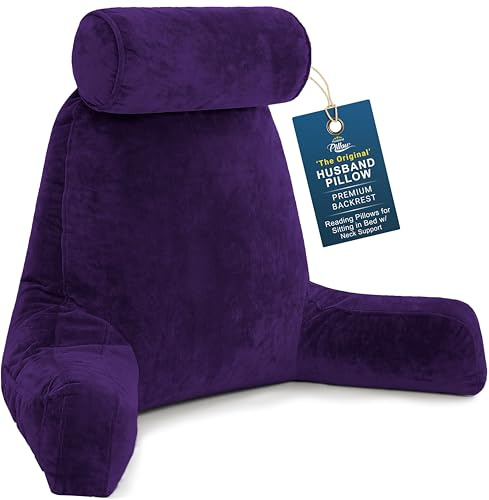Husband Pillow XXL Purple Backrest with Arms - Adult Reading Pillow with Shredded Memory Foam, Ultra-Comfy Removable Microplush Cover & Detachable Neck Roll, Unmatched Support Bed Rest Sit Up Pillow