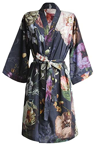 ESSENZA Kimono Fleur Nightblue, XS, 100% Baumwollsatin, Blumen Pfingstrosen Tulpen