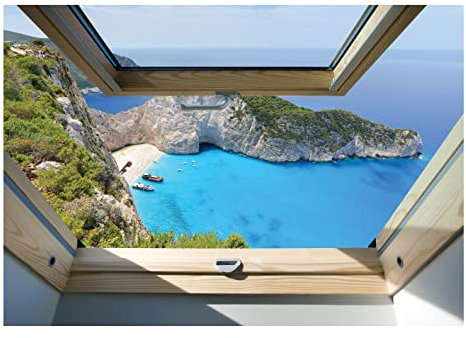 Forwall - Vlies Fototapete Fenster Meer Strand Aussicht Insel Optik 254x184 cm - Fototapeten - Tapeten - für Wohnzimmer Schlafzimmer - Vliestapete Wandtapete Tapete 3D Effekt- inkl. Kleister