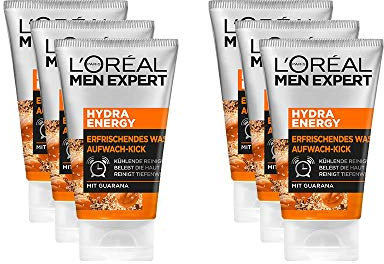 L'Oréal Men Expert Hydra Energy Reinigungsgel, im Vorratspack, seifenfreie Gesichtsreinigung mit Vitamin C tiefenwirksame Porenreinigung (6 x 100 ml)