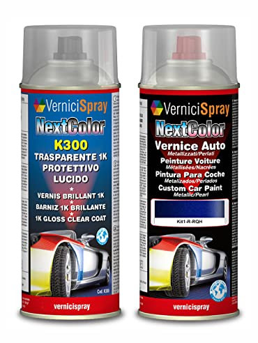 Kit Retouche Voiture compatible avec RENAULT MEGANE RQH BLEU IRON MET. - Bombe de peinture Couleur originale du constructeur et Vernis Transparent, 400 ml