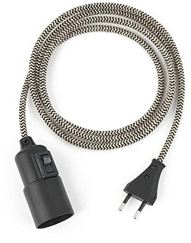 5m Plug-In Lampe LEINEN-SCHWARZ, Textilkabel mit Lampenfassung aus Thermoplast (Glattmantel) mit Schalter und Eurostecker