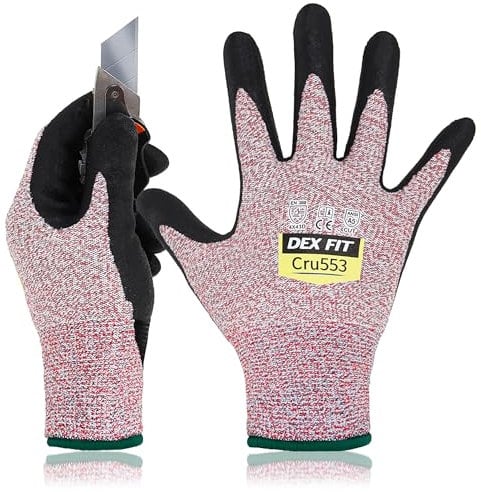 DEX FIT Level 5 Cut Resistant Gloves Cru553, 3D Comfort Stretch Fit, Power Grip, Durable Foam Nitrile, Smart Touch, Machine Washable, Thin & Lightweight, Red 8 (M) 1 Pair