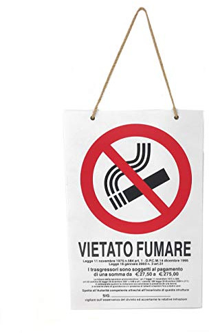 Vetrineinrete® Cartello vietato fumare divieto targa in legno 20x30 cm con corda da appendere segnaletica interna con sanzioni negozi ristoranti 53952A C1
