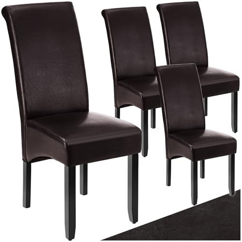 tectake® Set of 4 Dining Chairs with Faux Leather Covers & Solid Hardwood Legs, Dining Chair Set with Ergonomic Design, Padding & High Backrests, Ideal as Desk & Kitchen Chairs - Brown