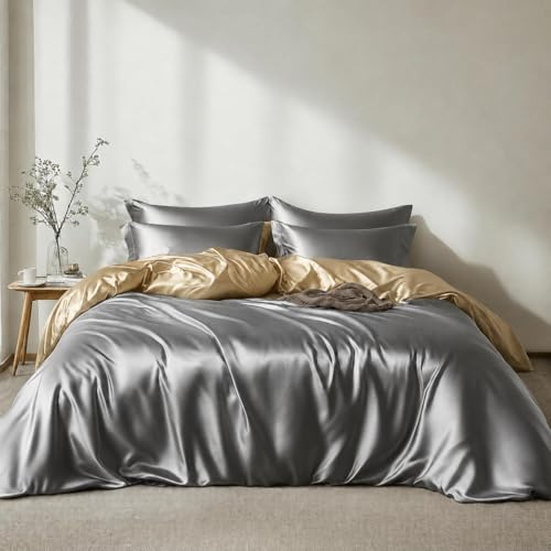 Lanqinglv Bettwäsche Set 135x200cm Grau Apricot Hellbraun Satin Wendebettwäsche Seide Seidig Luxus Wende Bettbezug mit Reißverschluss und Kissenbezug 40x80cm