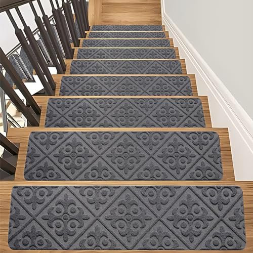 ERMIC Non Slip Stair Pads - Anti Slip Carpet Treads for Stairs - 15 Pack - Indoor - Mat for Kids, Elders and Dogs - 8 x 30 - (floral A)