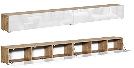 PLATAN ROOM Fernsehschrank TV-Lowboard 105/140 / 160/210 / 280 In Eiche Weiß Hängend Oder Stehend Hochglanz Matt (280 x 30 x 32, Eiche Gold/Weiß Hochglanz)
