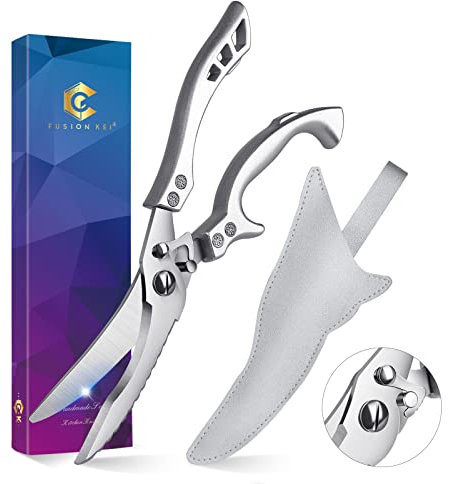 FUSIONKEI Poultry Shears Heavy Duty Kitchen Shears Multipurpose Kitchen Scissors Stainless Steel Cutlery Shears For Chicken Meat Turkey Fish Vegetables Herbs With Protective Sheath Gift Box
