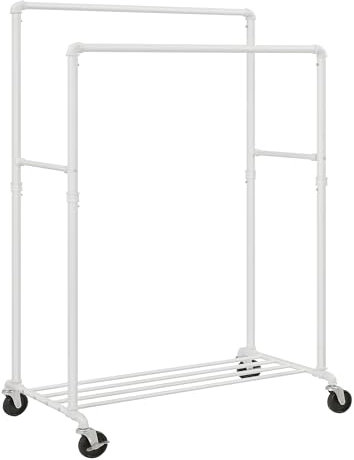 SONGMICS Kleiderständer, Kleiderstange, Garderobenständer mit 2 Kleiderstangen und Ablage, Rollen, bis 110 kg belastbar, Industrie-Design, für Schlafzimmer, Ankleidezimmer, weiß HSR060W01