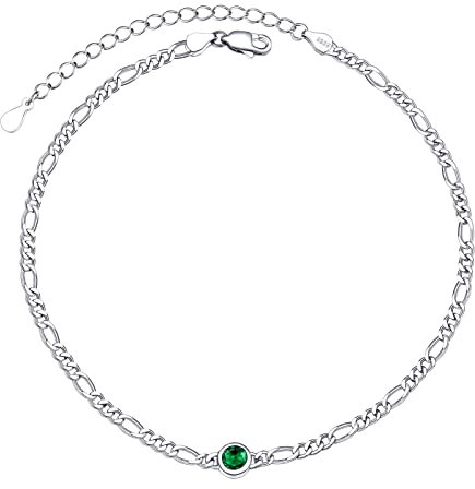 PROSILVER 925 Silber 3mm dünne Fußkettchen mit Geburtsstein Mai für Damen 22+5cm Figarokette Fußkettchen Sommer Knöchel Armband Schmuck Accessoire für Geburtstag