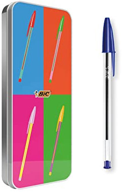 BIC Set de Bolígrafos Cristal,Pop Art Limited Edition, Caja Metálica Reutilizable - Puntas de Distintos Tamaños, Multicolor, 20 Unidad (Paquete de 1)