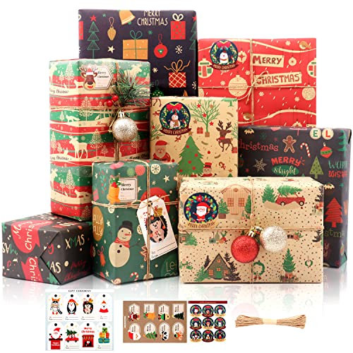 Weihnachten Geschenkpapier Kraftpapier, 8 Blatt Bunt Retro Kraftpapier Geschenkpapier, Recycling Weihnachtspapier Set mit Geschenkanhänger Aufkleber und Schnur, Geschenkverpackung Weihnachten, 70x50cm