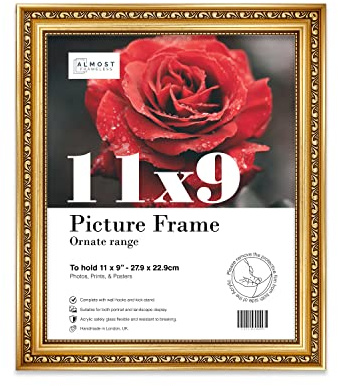 Almost Frameless 11x9 Gold Ornate Picture Frame 11x9(27.9x22.9cm) Poster, Photo, Artwork, or Print. Baroque Style Portrait and Landscape Display with Wall Hooks