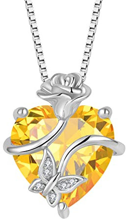 FJ Collier Papillon pour Femme Argent Sterling 925 Collier Citrine Coeur Pendentif Pierre de Naissance Novembre Collier Fleur Rose Bijoux pour Femme