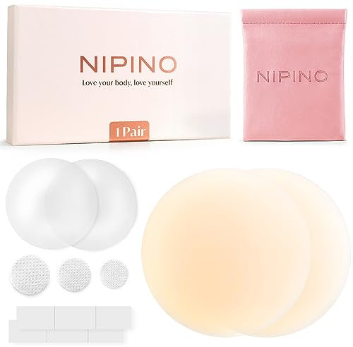NIPINO® Nippelpads - Damen Nipple Cover mit Fashion Tapes | Wiederverwendbare Brustwarzen Abdeckungen | Unsichtbare Nippel Pads aus Hochwertigen Silikon [8 cm Ø]
