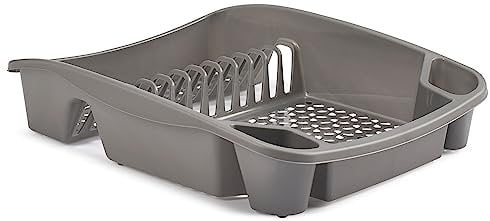 ZARVICZONIA Large Plastic Dish Drainer and Cutlery Rack Kitchen Sink Utensil Holder Draining Cup and Cutlery Drip Plate Worktop Storage Organizer Grey, Black, Cream (48 x 39 x 12 cm) (Grey)