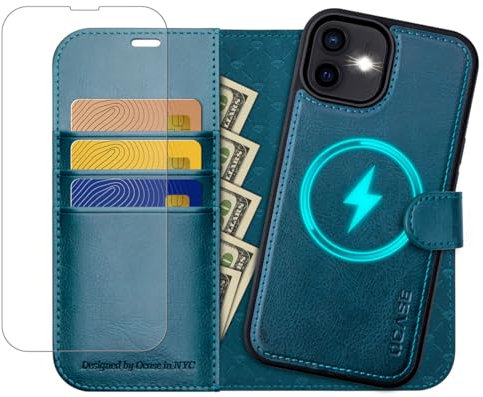 OCASE iPhone 12 Hülle(2in1) Leder Stoßfestes Case [Abnehmbare magnetische Hülle] [Kabelloses Laden] [mit Schutzfolie] iPhone 12 Pro Handyhülle RFID Schutzhülle Etui Klapphülle Pfauenblau
