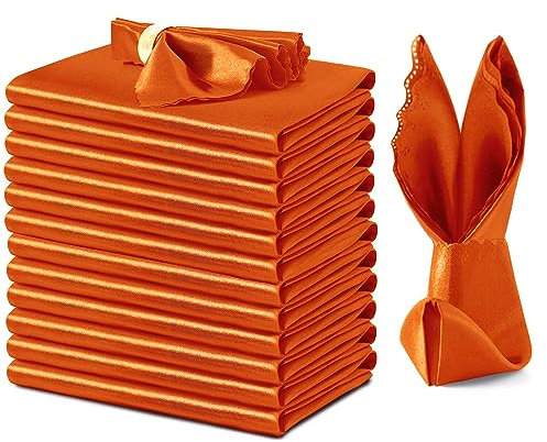 VACVELT Satin-Servietten, gebranntes Orange, 43,2 x 43,2 cm, für Hochzeit, elegantes Abendessen, quadratische Tischdekoration, Restaurant, Bankett, Abschlussfeier, gewellter Seidentuch, 12 Stück