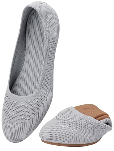 Puxowe Ballerine Femme Rond Tricot Pointe Chaussures Plates Confort Cale Bas Slip on Walking Robe Chaussures pour Femmes Doux 39.5 EU Gris Clair
