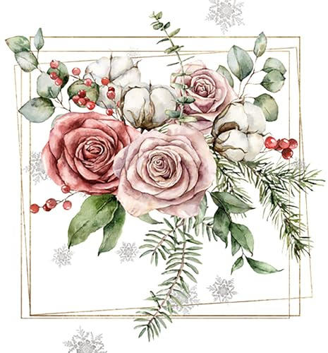 20 Servietten Weihnachten Rosen im Naturgesteck als Tischdeko. Papierservietten mit Motiv. Auch für Decoupage und Serviettentechnik 33x33cm