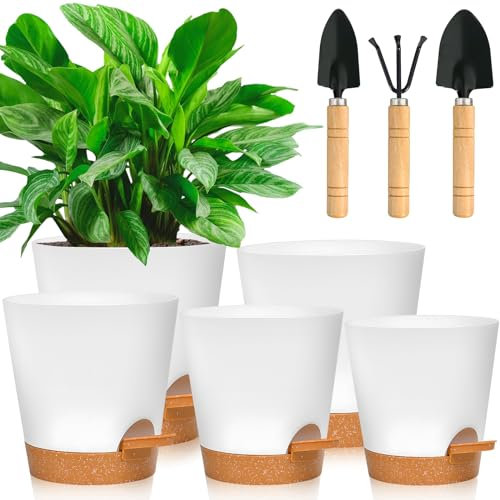 MOYKSRR 5 Pcs Pots de Fleurs en Plastique, Jardinières à arrosage Automatique avec Trous de Drainage, Plantes en Plastique aux Jardins de Balcon Intérieurs et Extérieurs(17.5/16.5/15/13.8/12.5CM)