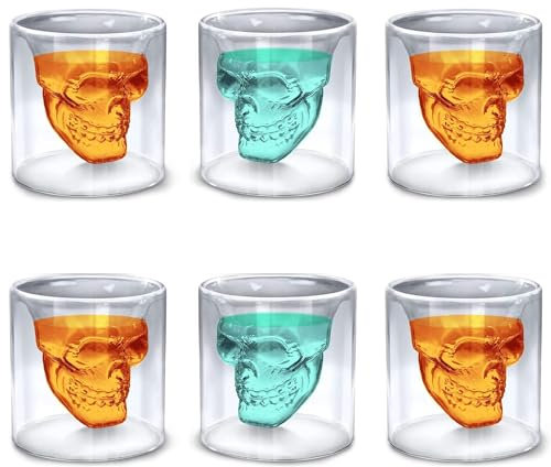 FDDU Totenkopf Glasbecher Set - 6 Stück Kristall Schnapsgläser, Ideal für Whisky, Wodka, Absinth, Kaffee, Bier, Tee (25ML)