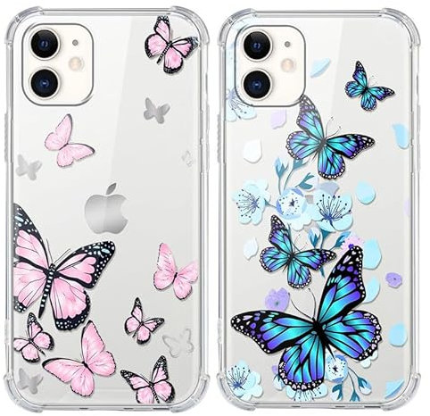 Xylota 2 Stück Handyhülle für iPhone 12/iPhone 12 Pro 6,1 Hülle, Durchsichtig Aesthetic Schmetterling Muster Case, Transparent Dünn Silikon TPU Stoßfeste Kratzfest Schutzhülle Frauen Mädchen Cover