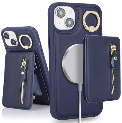 SailorTech iPhone 13 Phone Leather Case with Credit Card Holder Magsafe, iPhone 13 Case Ring Stand with Kickstand Card Slots Wallet Detachable 2-in-1 Zipper Case - Navy Blue