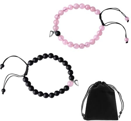 2 Stück Armbänder mit 1 Stück Samtbeutel, Magnetarmbänder für Paare, Freundschaftsarmbänder, Liebesmagnetarmbänder, handgefertigte Perlenarmbänder, geeignet für Paare und Freunde. (Pink Schwarz)