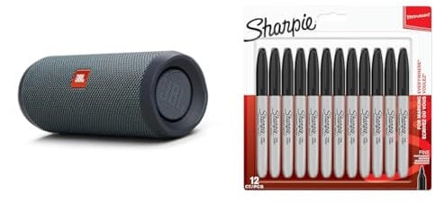 JBL Flip Essential 2 Portable Bluetooth Speaker with Rechargeable Battery, IPX7 Waterproof & Sharpie Permanent Markers | Fine Point for Bold Details | Black Ink | 12 Marker Pens