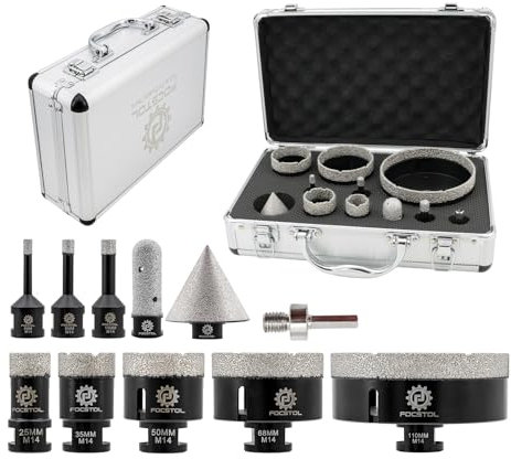 FOCSTOL Scie Cloche Diamant - 11 pièces (6/8/10/25/35/50/68/110mm+20mm Fraise+50mm Mèches Chanfrein Biseautées+Adaptateur) Foret Diamant Carrelage Kit pour Porcelaine Carrelage Marbre Granit