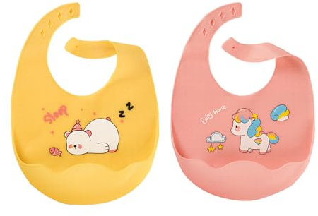 DHWEKU Bavaglini Silicone, 2PCS Bavaglino Silicone Impermeabile, Bavaglini Pappa Svezzamento con Tasca Raccoglipappa, Regolabili, per Bambini e Neonati(giallo, rosa)