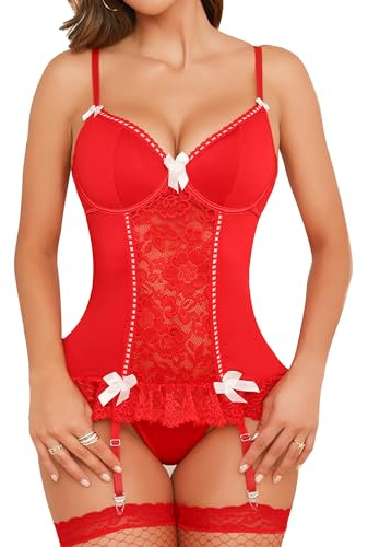Aranmei Women Sexy Lace Basque Lingerie Set with Stockings and Suspenders | 3-Piece Set with Thong and Stockings, Underwired Cups, Adjustable Shoulder Straps, Attached Adjustable Suspender Straps