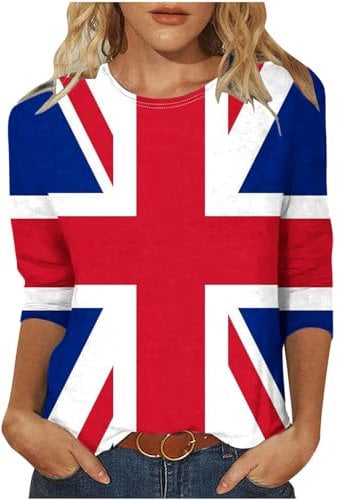Union Jack Tops for Women 3/4 Sleeve Vintage UK Flag T-Shirts Womnes Classic Fit Great Britain Tunic Blouses Round Neck British Flag Ladies Tops S-3XL