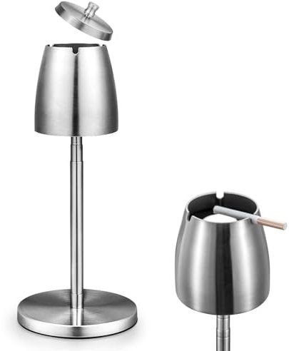GOEDCH Standaschenbecher Edelstahl: Aschenbecher Höhenverstellbar mit Rutschfestem Boden, Höhe Ausziehbar 34-65cm, Winddichtem Aschenbecher mit Deckel für Draussen und Innen Raucherbereiche (Silber)