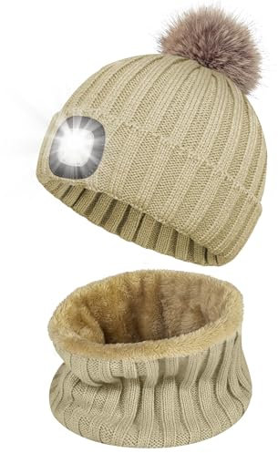 Mütze mit LED Licht Kinder, Hände Frei Beanie Strickmütze Schal Set mit 4 LED Licht, Wärmer Beleuchtete Wintermütze für Jungen und Mädchen, Stirnlampe Mütze für Nachtlauf, Camping, Radfahren - Khaki