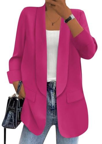 Onsoyours Blazer Donna Maniche Lunghe Cappotto Elegante Ufficio Business Blazer Top Gilet Tailleur Giacca Estive Tinta Unita Elegante con Tasche B Fucsia XXL