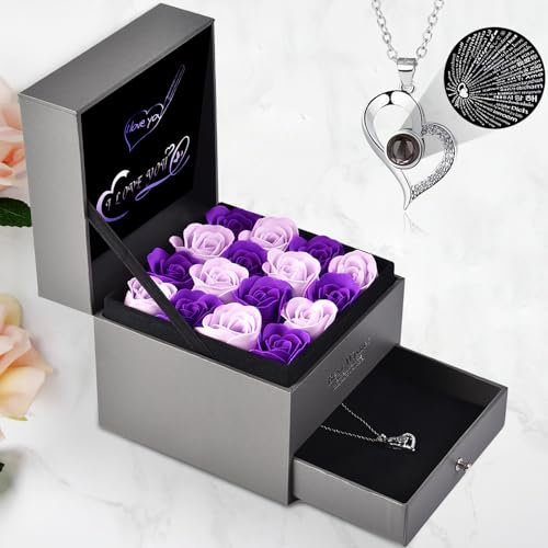 PatNlevs Rosa Eterna Artificiales con Collar - Regalos Originales para Mujer, Madres y Esposas - Ideal para Cumpleaños, San Valentín, Día de la Madre, Aniversarios y Navidad (Morado)