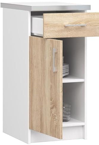 BDW - Küchenschrank Weiß/Sonoma - Schrank Küche - mit Arbeitsplatte, Tür, Schublade - Schrank 40 cm breit, 85 cm hoch - Küchenschränke Einzeln, Küchenmöbel Einzelteile