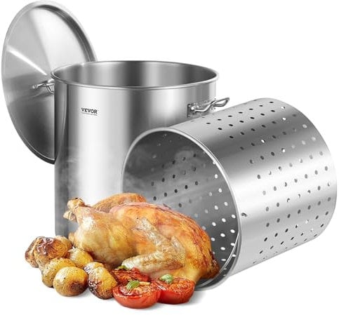 VEVOR Pentola in Acciaio Inox, Pentola per Salse con Cestello 79,5 L, Coperchio e Manico, Pentola Resistente di Grado Commerciale, Trattamento di Macinazione, per Eventi di Grandi Gruppi, Argento